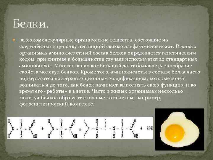 Белки. высокомолекулярные органические вещества, состоящие из соединённых в цепочку пептидной связью альфа-аминокислот. В живых