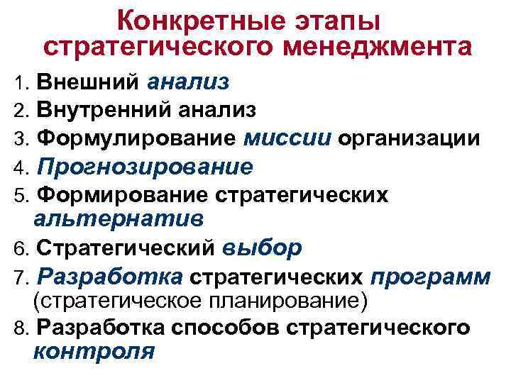 Конкретные этапы стратегического менеджмента 1. 2. 3. 4. 5. Внешний анализ Внутренний анализ Формулирование