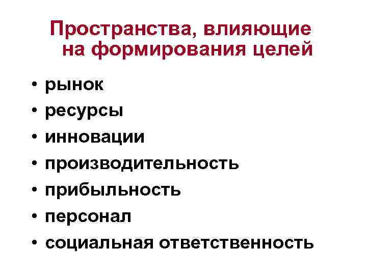 Пространства, влияющие на формирования целей • • рынок ресурсы инновации производительность прибыльность персонал социальная