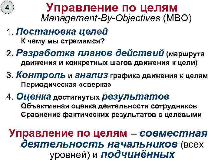 4 Управление по целям Management-By-Objectives (MBO) 1. Постановка целей К чему мы стремимся? 2.