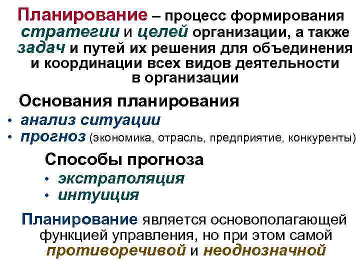 Планирование – процесс формирования стратегии и целей организации, а также задач и путей их