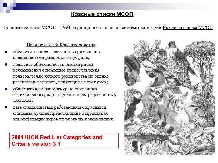 Красные списки МСОП Принятие советом МСОП в 1994 г принципиально новой системы категорий Красного