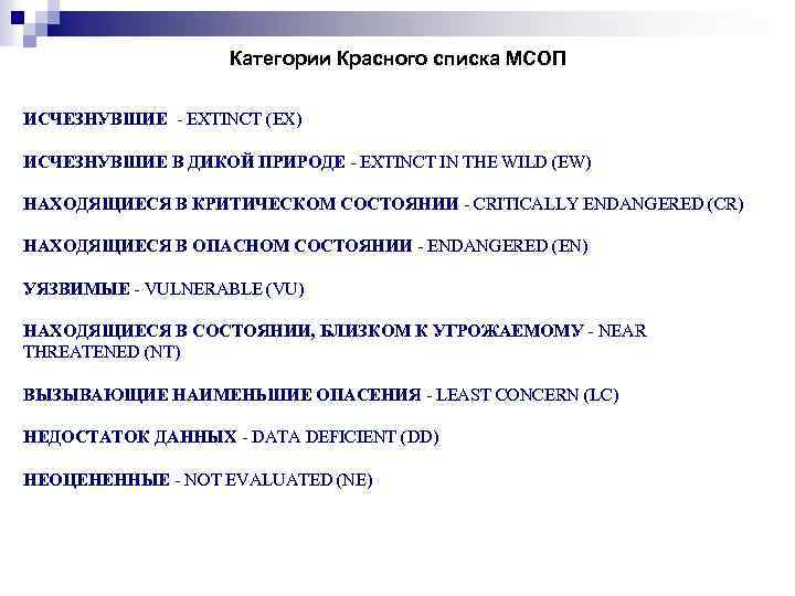 Категории Красного списка МСОП ИСЧЕЗНУВШИЕ - EXTINCT (EX) ИСЧЕЗНУВШИЕ В ДИКОЙ ПРИРОДЕ - EXTINCT