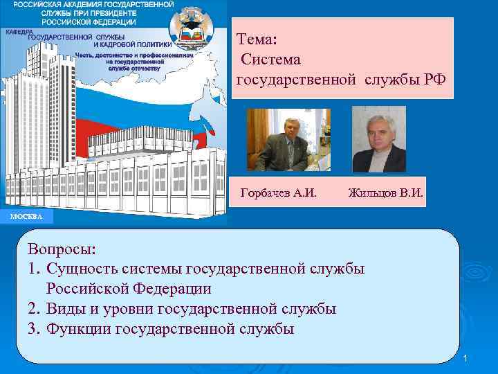 Тема: Система государственной службы РФ Горбачев А. И. Жильцов В. И. МОСКВА Вопросы: 1.