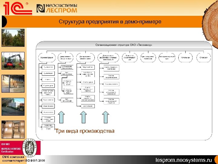 Структура предприятия в демо-примере Три вида производства СМК компании соответствует ISO 9001: 2008 lesprom.