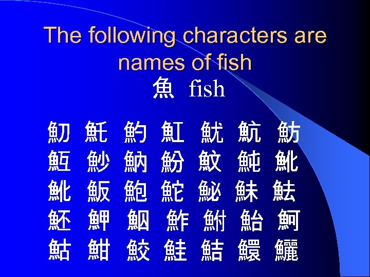 The following characters are names of fish 魚 fish 魛 魱 魤 魾 鮕