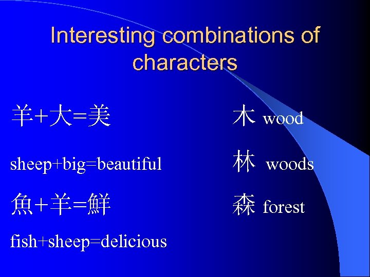 Interesting combinations of characters 羊+大=美 木 wood sheep+big=beautiful 林 魚+羊=鮮 森 forest fish+sheep=delicious woods