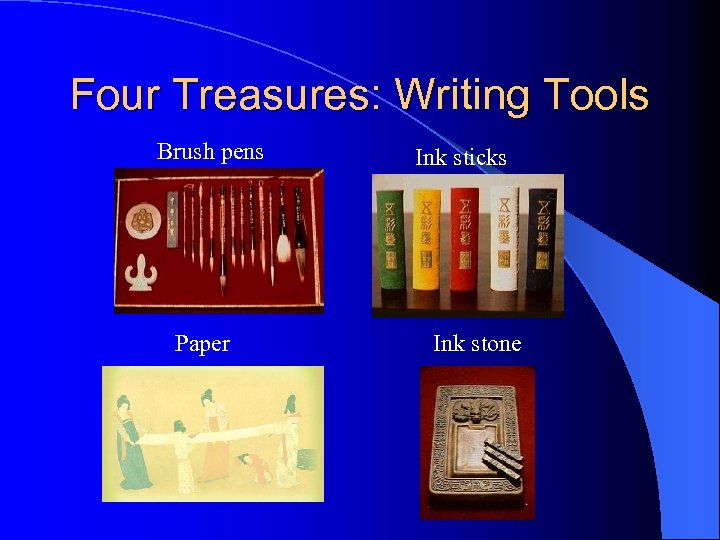 Four Treasures: Writing Tools Brush pens Paper Ink sticks Ink stone 