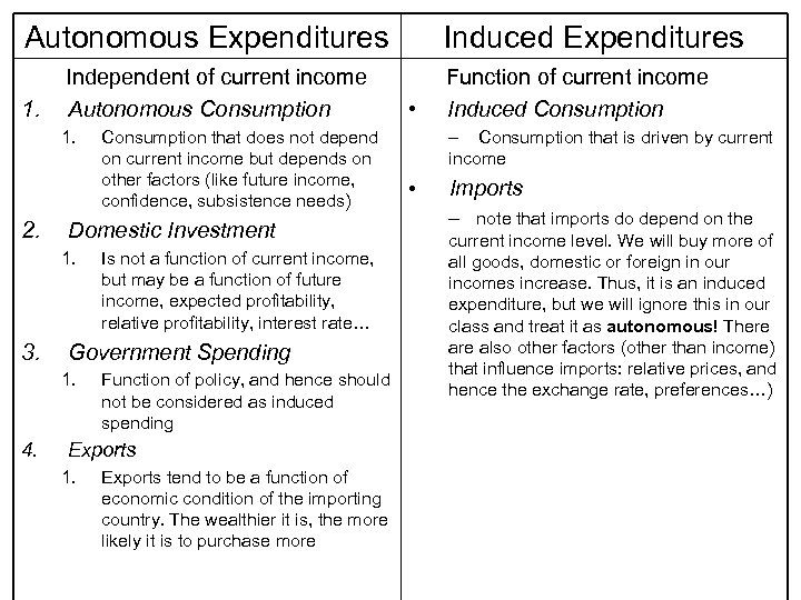 Autonomous Expenditures 1. Independent of current income Autonomous Consumption 1. 2. Domestic Investment 1.