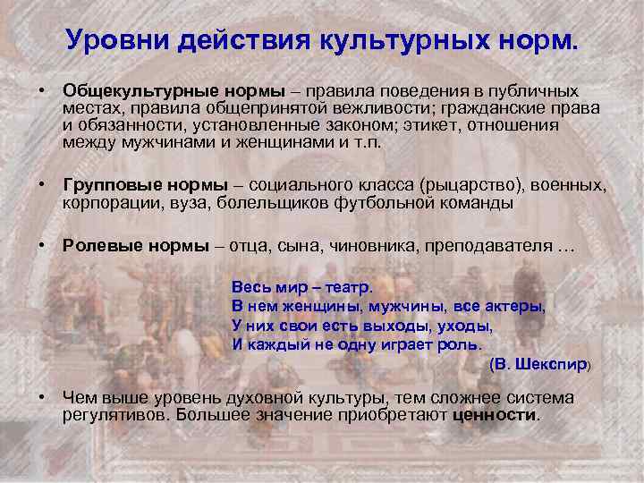 Уровни действия культурных норм. • Общекультурные нормы – правила поведения в публичных местах, правила