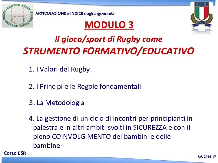 ARTICOLAZIONE e INDICE degli argomenti MODULO 3 Il gioco/sport di Rugby come STRUMENTO FORMATIVO/EDUCATIVO