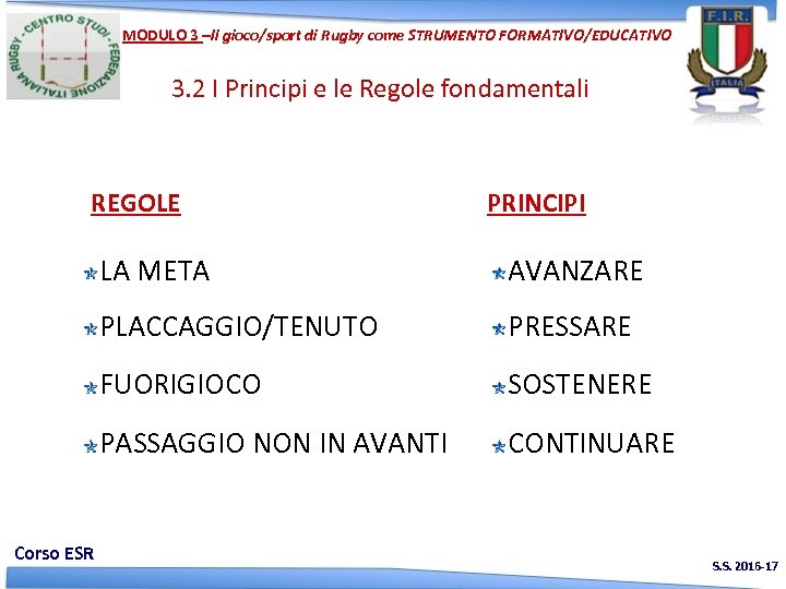 MODULO 3 –Il gioco/sport di Rugby come STRUMENTO FORMATIVO/EDUCATIVO 3. 2 I Principi e