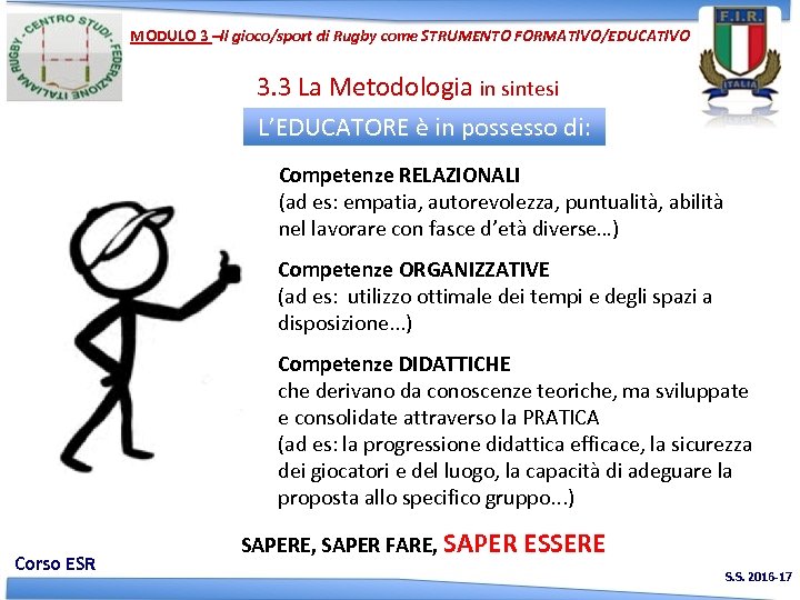 MODULO 3 –Il gioco/sport di Rugby come STRUMENTO FORMATIVO/EDUCATIVO 3. 3 La Metodologia in