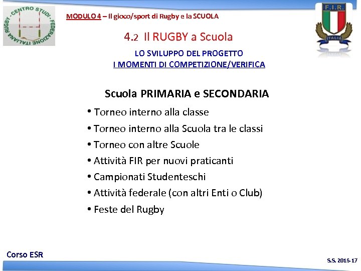 MODULO 4 – Il gioco/sport di Rugby e la SCUOLA 4. 2 Il RUGBY
