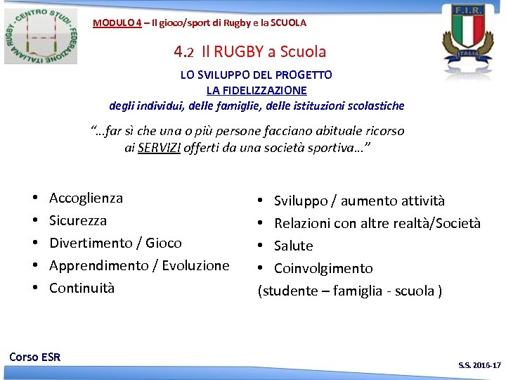 MODULO 4 – Il gioco/sport di Rugby e la SCUOLA 4. 2 Il RUGBY