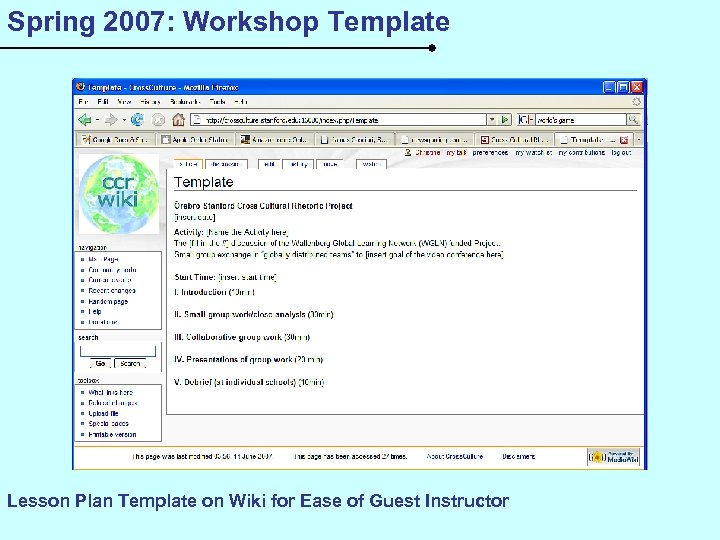 Spring 2007: Workshop Template Lesson Plan Template on Wiki for Ease of Guest Instructor