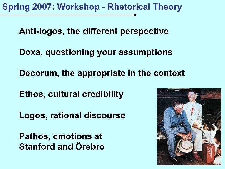 Spring 2007: Workshop - Rhetorical Theory Anti-logos, the different perspective Doxa, questioning your assumptions