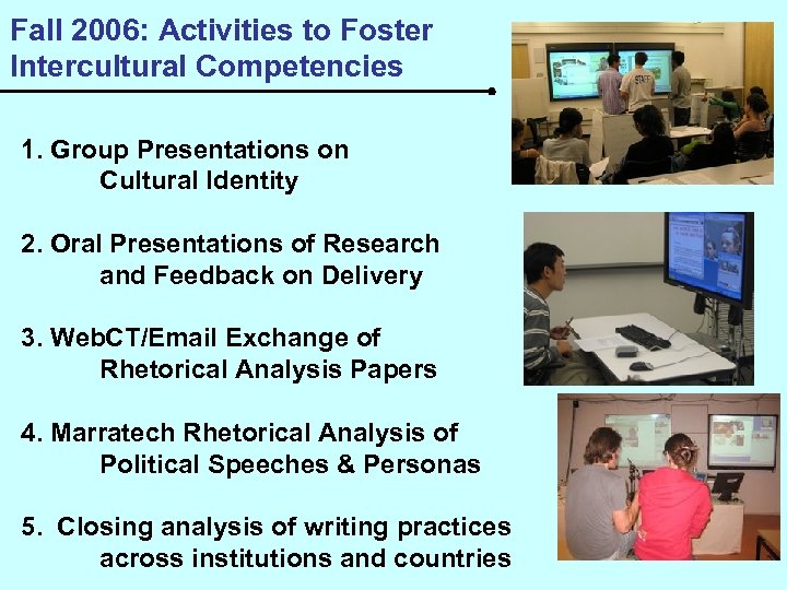 Fall 2006: Activities to Foster Intercultural Competencies 1. Group Presentations on Cultural Identity 2.