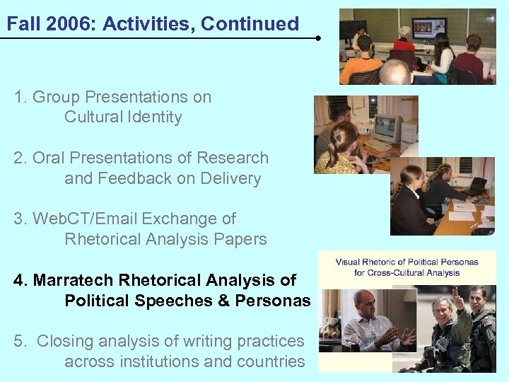 Fall 2006: Activities, Continued 1. Group Presentations on Cultural Identity 2. Oral Presentations of