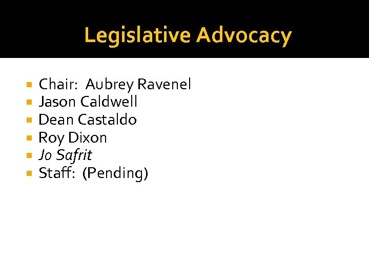 Legislative Advocacy Chair: Aubrey Ravenel Jason Caldwell Dean Castaldo Roy Dixon Jo Safrit Staff: