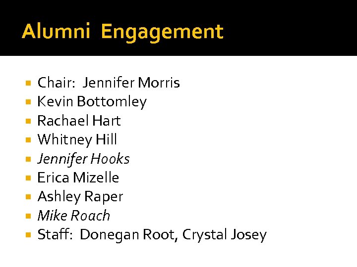 Alumni Engagement Chair: Jennifer Morris Kevin Bottomley Rachael Hart Whitney Hill Jennifer Hooks Erica