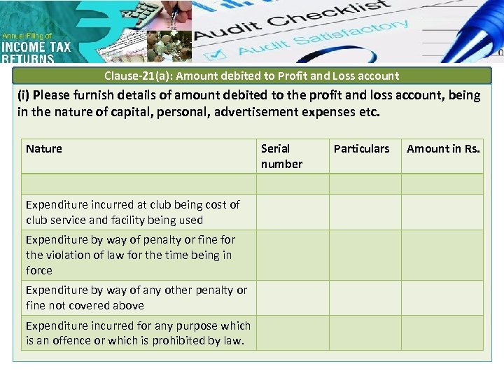 Clause-21(a): Amount debited to Profit and Loss account (i) Please furnish details of amount
