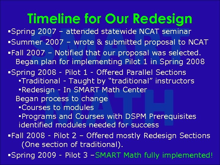Timeline for Our Redesign §Spring 2007 – attended statewide NCAT seminar §Summer 2007 –
