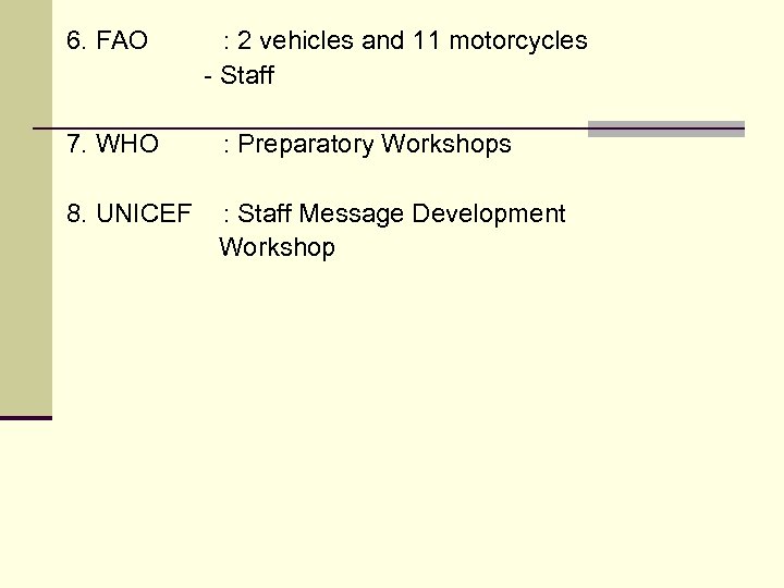 6. FAO : 2 vehicles and 11 motorcycles - Staff 7. WHO : Preparatory
