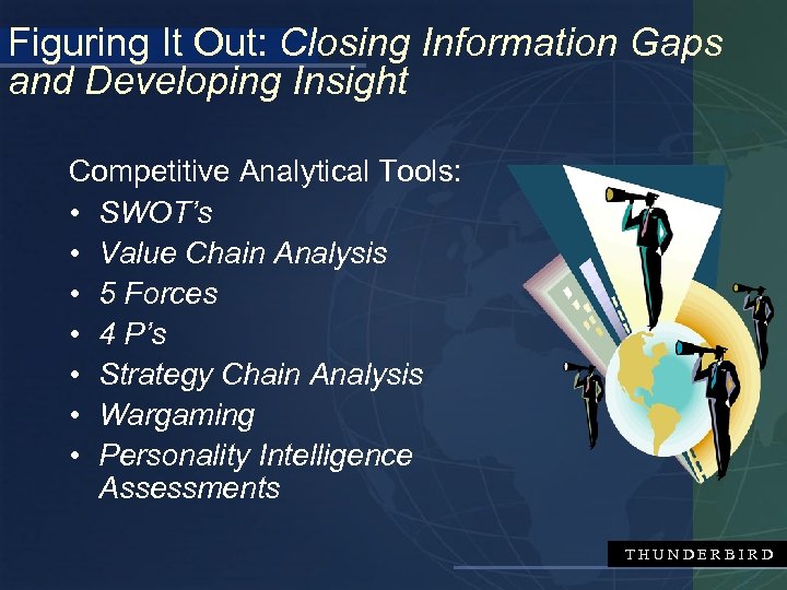 Figuring It Out: Closing Information Gaps and Developing Insight Competitive Analytical Tools: • SWOT’s