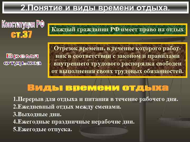 2. Понятие и виды времени отдыха. Каждый гражданин РФ имеет право на отдых Отрезок