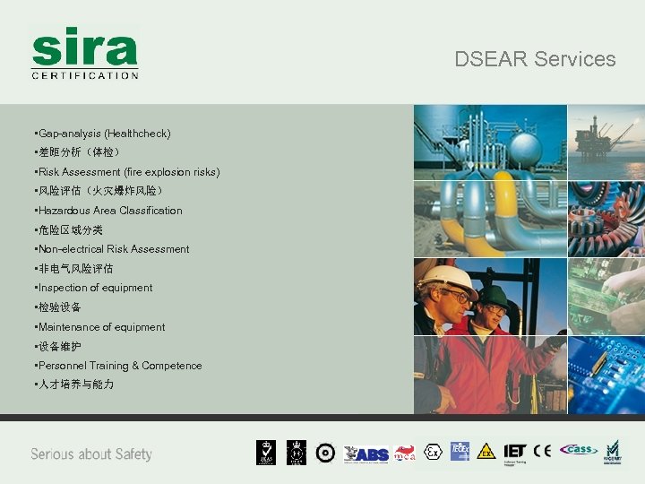 DSEAR Services • Gap-analysis (Healthcheck) • 差距分析（体检） • Risk Assessment (fire explosion risks) •