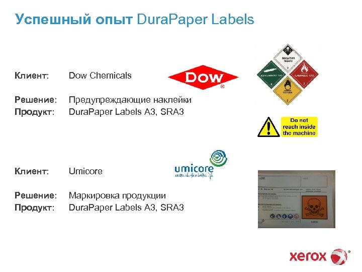 Успешный опыт Dura. Paper Labels Клиент: Dow Chemicals Решение: Продукт: Предупреждающие наклейки Dura. Paper