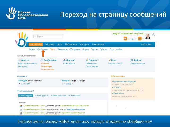 Переход на страницу сообщений Главное меню, раздел «Мой дневник» , вкладка в подменю «Сообщения»