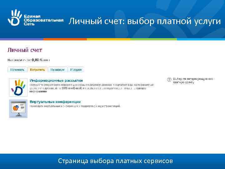Личный счет: выбор платной услуги Страница выбора платных сервисов 
