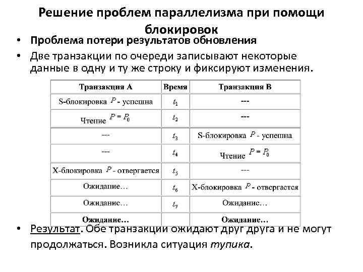 Решение проблем параллелизма при помощи блокировок • Проблема потери результатов обновления • Две транзакции