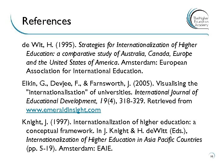References de Wit, H. (1995). Strategies for Internationalization of Higher Education: a comparative study