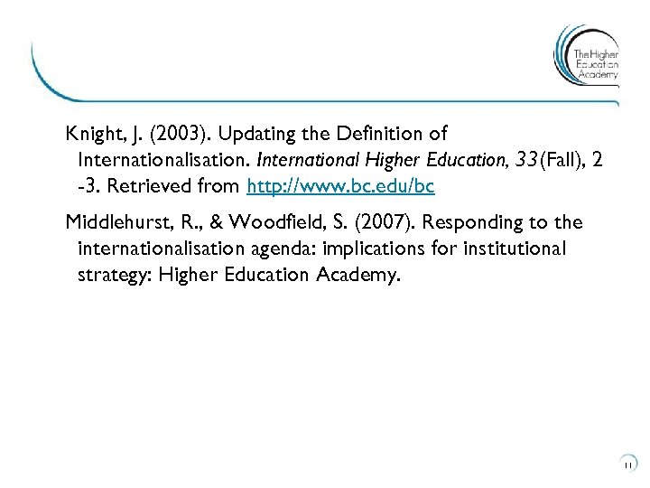 Knight, J. (2003). Updating the Definition of Internationalisation. International Higher Education, 33(Fall), 2 -3.