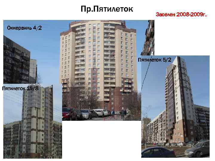 Пр. Пятилеток Заселен 2008 -2009 г. Оккервиль 4/2 Пятилеток 5/2 Пятилеток 15/8 6 
