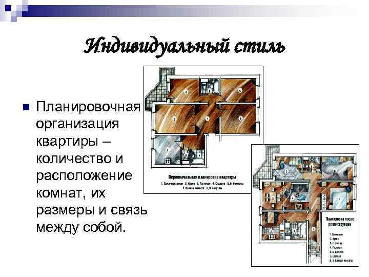 Индивидуальный стиль n Планировочная организация квартиры – количество и расположение комнат, их размеры и