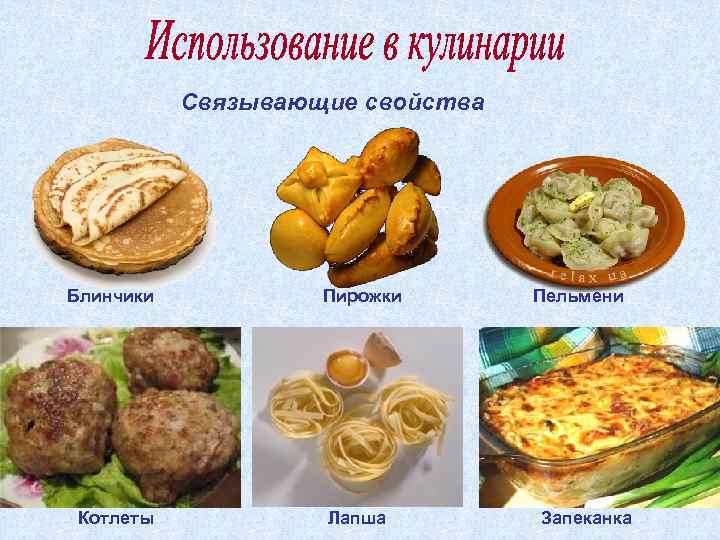 Связывающие свойства Блинчики Котлеты Пирожки Лапша Пельмени Запеканка 
