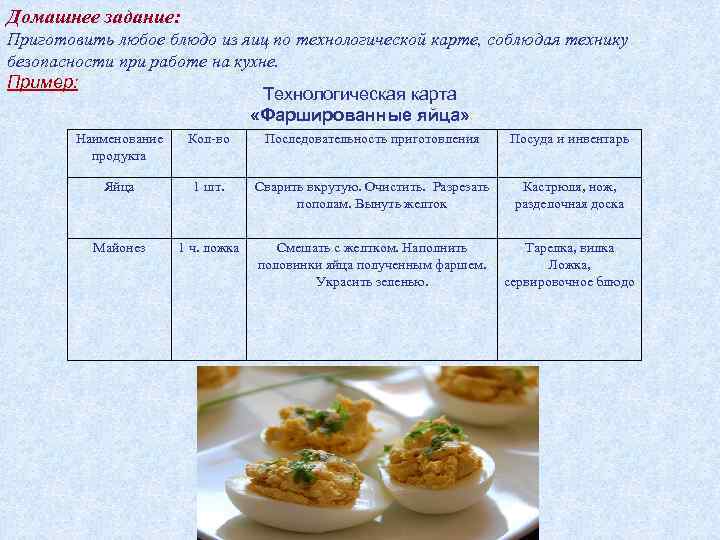 Домашнее задание: Приготовить любое блюдо из яиц по технологической карте, соблюдая технику безопасности при