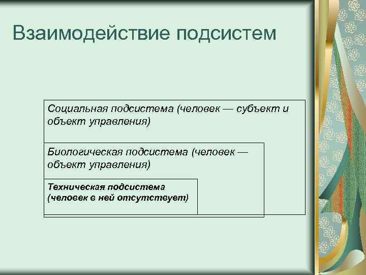 Взаимодействие подсистем Социальная подсистема (человек — субъект и объект управления) Биологическая подсистема (человек —