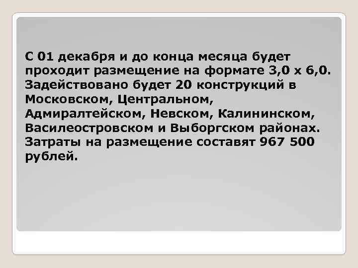 С 01 декабря и до конца месяца будет проходит размещение на формате 3, 0