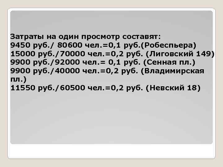 Затраты на один просмотр составят: 9450 руб. / 80600 чел. =0, 1 руб. (Робеспьера)