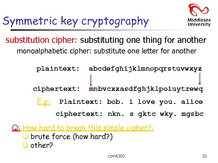 Symmetric key cryptography substitution cipher: substituting one thing for another monoalphabetic cipher: substitute one