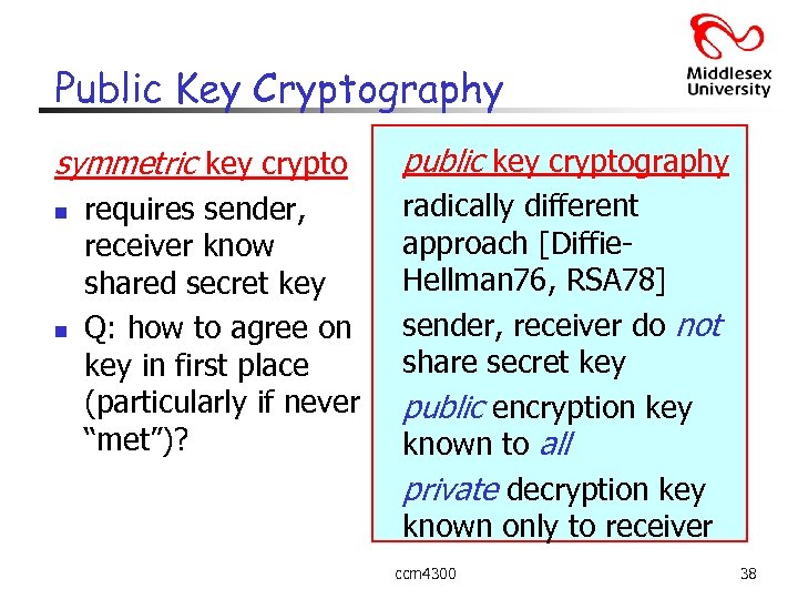 Public Key Cryptography symmetric key crypto n n requires sender, receiver know shared secret