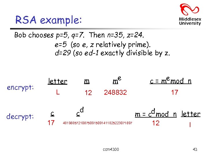 RSA example: Bob chooses p=5, q=7. Then n=35, z=24. e=5 (so e, z relatively