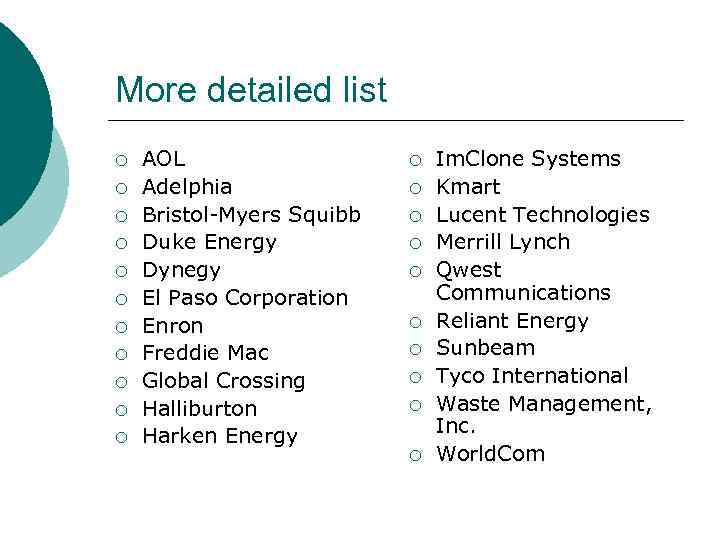More detailed list ¡ ¡ ¡ AOL Adelphia Bristol-Myers Squibb Duke Energy Dynegy El