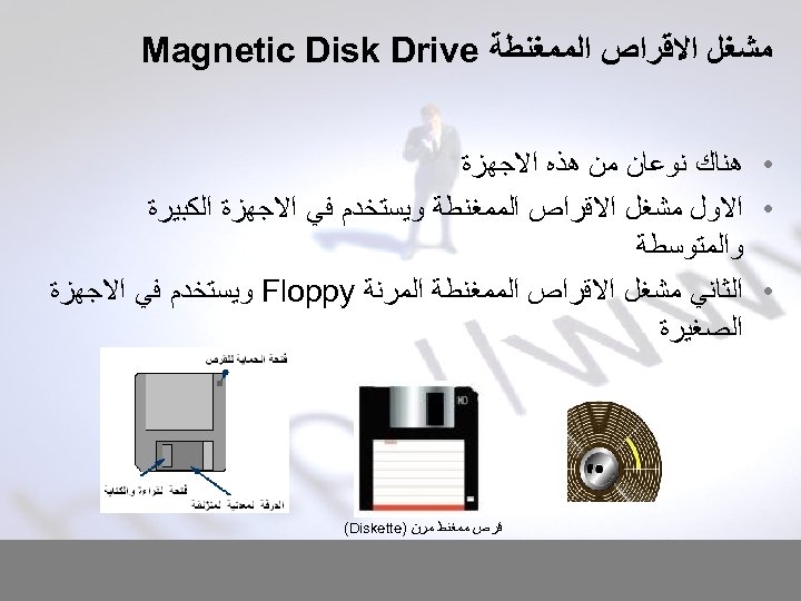  ﻣﺸﻐﻞ ﺍﻻﻗﺮﺍﺹ ﺍﻟﻤﻤﻐﻨﻄﺔ Magnetic Disk Drive • ﻫﻨﺎﻙ ﻧﻮﻋﺎﻥ ﻣﻦ ﻫﺬﻩ ﺍﻻﺟﻬﺰﺓ •