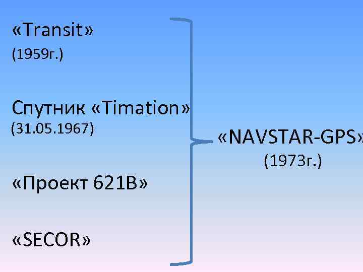  «Transit» (1959 г. ) Спутник «Timation» (31. 05. 1967) «Проект 621 В» «SECOR»